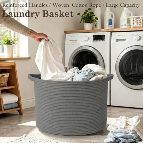 65L Large Blanket Basket, Woven Rope Laundry Basket-Dark Grey - Image 5