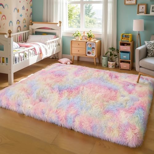 5x7 Thick Rainbow Unicorn Rug for Girls Bedroom, Soft Plush Shag Carpet by KICHOWUA