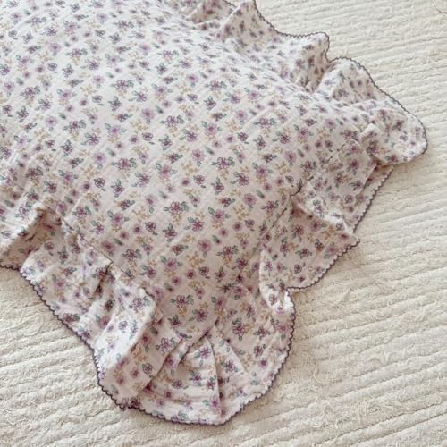 BuLuTu Purple Floral Muslin Cotton Ruffles Pillow Case Standard 20"x26" - Image 4