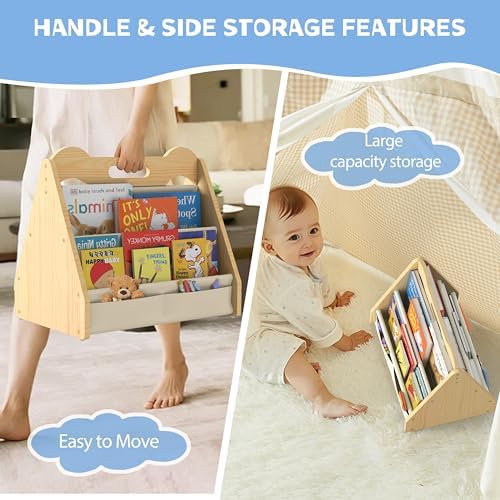 Solid Pine Wood Kids Bookshelf, Double-Sided Nursery Book Shelves, Portable - Image 3