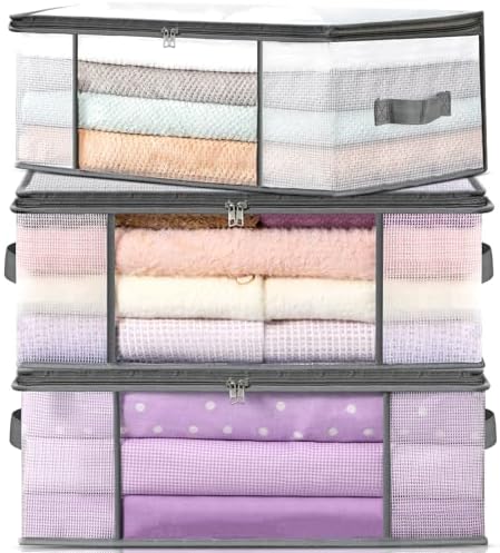 LANDNEOO 3-Pack Clothes Storage Bags, Plastic Foldable Blanket Storage bins by MakeLifeBetterEasier