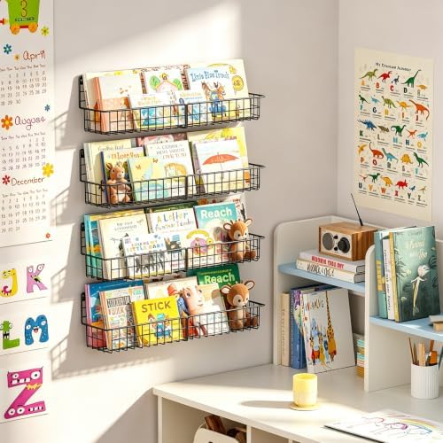 X-cosrack 24 Inch Wall Mounted Kids Bookshelf, Floating Metal Book Shelves - Image 6