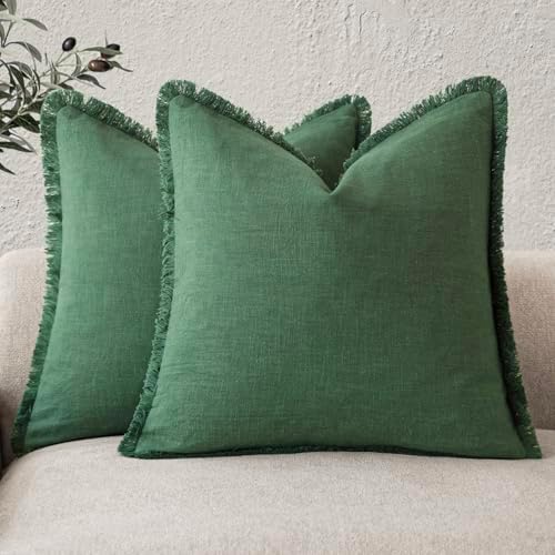 Foindtower Decorative Linen Fringe Throw Pillow Covers 16×16 Pine Green by Foindtower