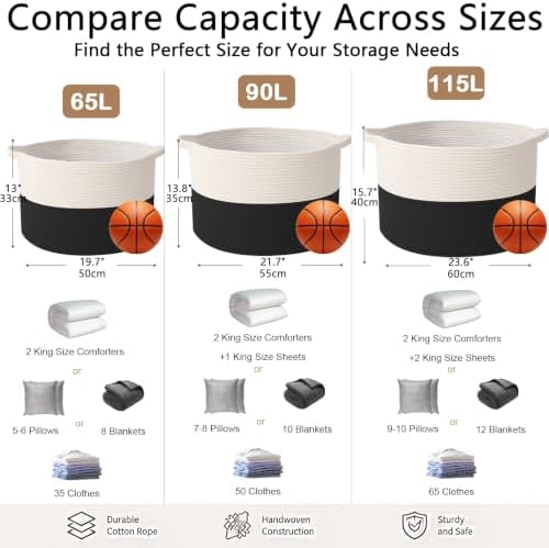 90L Extra Large Blanket Basket, Woven Laundry Basket-White&Black - Image 2