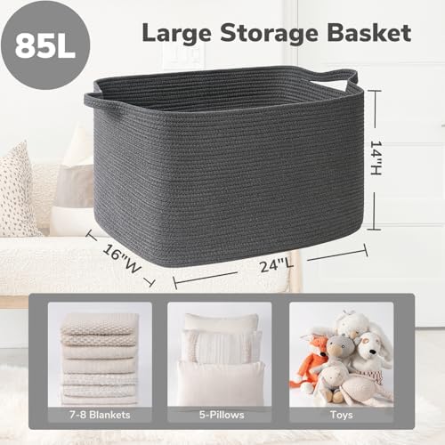 Goodpick 85L Large Woven Rope Blanket Basket, Dark Gray - Image 3