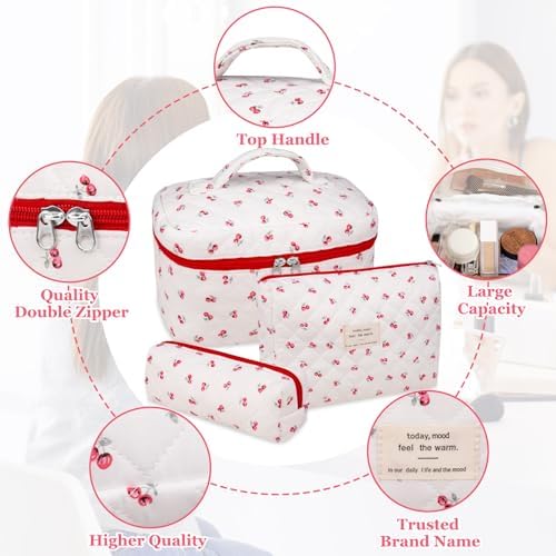 Gosect 3pc Makeup Bag Set, Quilted Makeup Bag Set, Large Floral Cosmetic Bag - Image 3