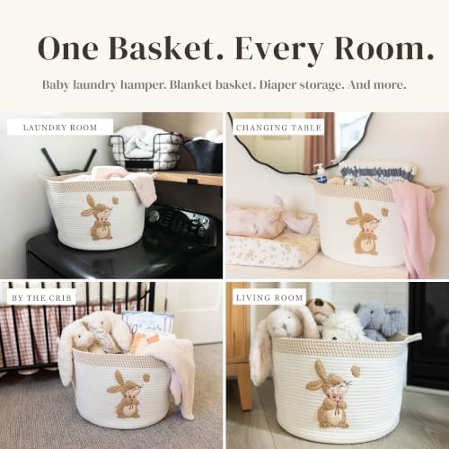 Bunny Baby Storage Basket, Woven Cotton Rope Nursery Bin, 15x11 in - Image 6