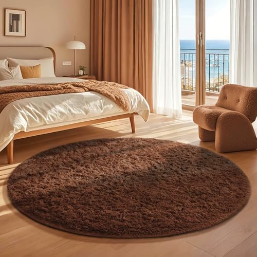 Ophanie Round Rug 4Ft Brown Circle Area Rug, Fluffy Fuzzy Small Bedroom Carpet - Image 5