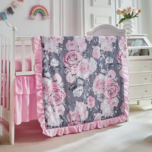 3 Pieces Flowers Crib Bedding Set Baby Ruffled Quilted Comforter - Image 2