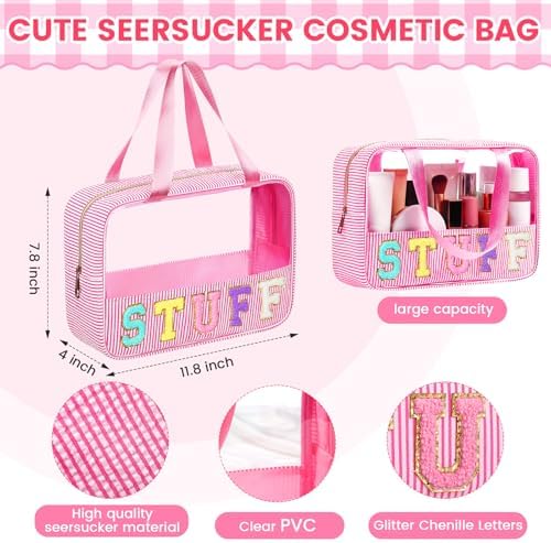Sanwuta Seersucker Stuff Bag for Travel Clear Chenille Letter Makeup Bag - Image 2