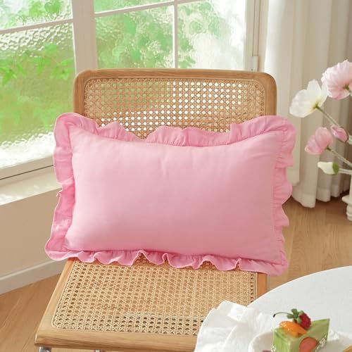 Set of 2 Blush Pink Ruffle Lumbar Pillow Covers 12x20 Inch, Solid Color Throw - Image 2