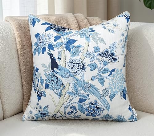 Chinoiserie Bird Hydrangea Print 20x20 Throw Pillow Cover by YugTex