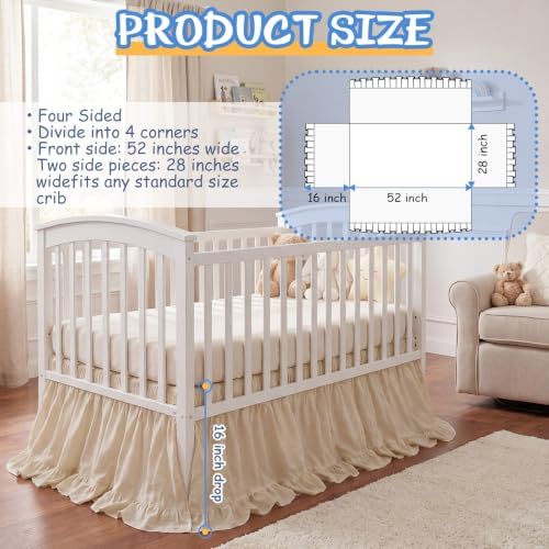 Hahafelt Beige Crib Skirt for Baby Girls Boys, 100% Washed Cotton Bed Skirt - Image 2