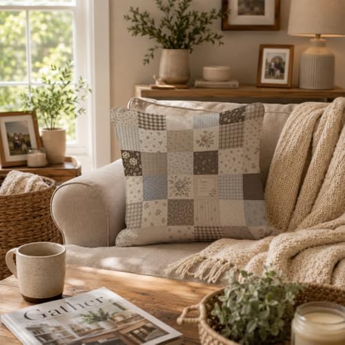 Neutral Farmhouse Floral Patchwork Throw Pillow Cover 18x18 - Image 5