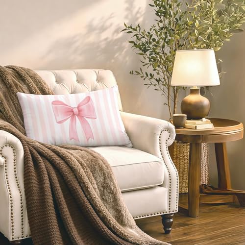 Coquette Pink Bow Pillow Covers 12x20, Coquette Room Decor, Preppy Pink Striped - Image 5