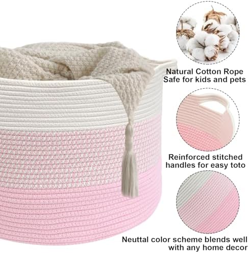 65L Large Blanket Basket, Woven Rope Laundry Basket-Mixed Pink - Image 3