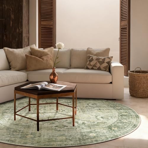 4ft Washable Round Rugs for Bedroom: Circle Living Room Rug Boho Vintage Non - Image 3