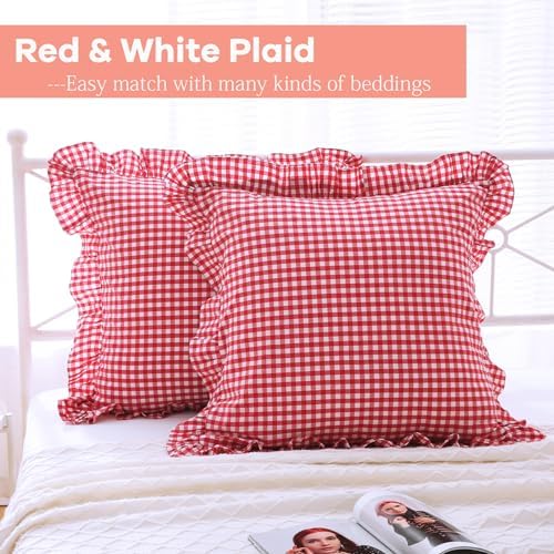 2 Pack Red White Gingham Euro Shams Pillow Covers 26''x26'' - Image 3