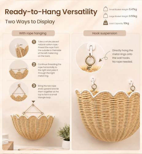 Scalloped Wall Basket 2 Pcs Hand Woven Wicker Hanging Basket Rattan Wall Decor - Image 5