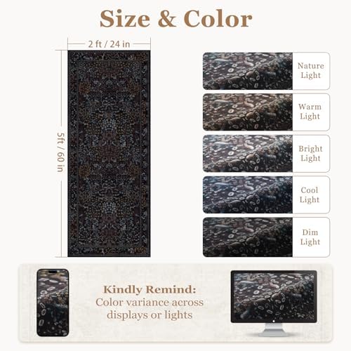 Midnight Blue 2x5 Hallway Runner Rug, Boho Floral Animal Printed Thin Washable - Image 2