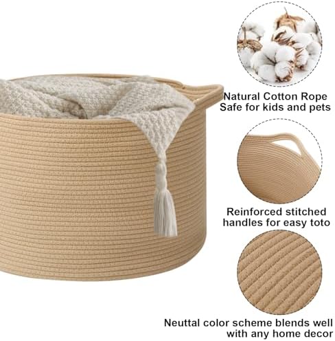115L Extra Large Blanket Basket, Woven Rope Laundry Basket-Camel - Image 3