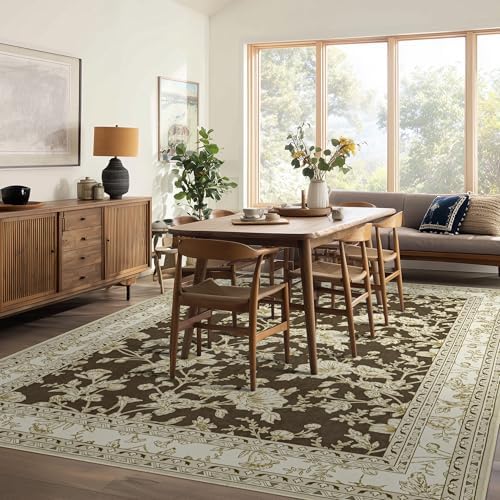 BILEEHOME Brown Floral Area Rug 6x9 Modern Peony Washable Rugs Non Slip - Image 2