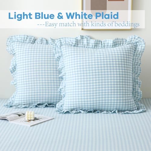 2 Pack Light Blue Gingham Ruffle Throw Pillow Covers 22''x22'' - Image 2