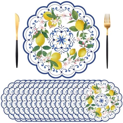 50PCS Lemon Paper Placemats Disposable Blue Chinoiserie Floral Placemat by Unknown