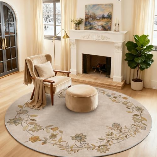 Washable Living Room Round Rugs: 4ft Circle Bedroom Rug Floral Throw Carpet by palohom