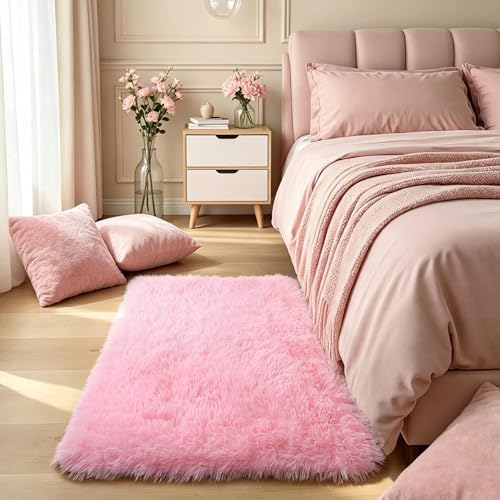 Pink Fluffy Shag Rug, Machine Washable Non Slip Kids Throw Carpet by KICHOWUA