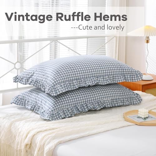 2 Pack Dust Blue Gingham Ruffle Standard Pillow Shams 20"x26" - Image 6