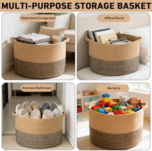 65L Large Blanket Basket, Rope Woven Laundry Baskets-Jute&Black - Image 6