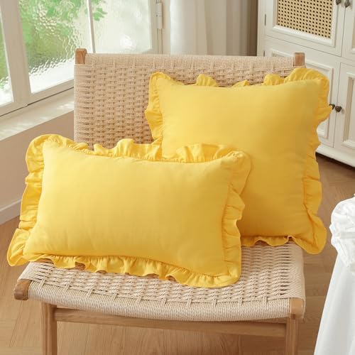 Set of 2 Bright Yellow Ruffle Lumbar Pillow Covers 12x20 Inch, Solid Color - Image 3