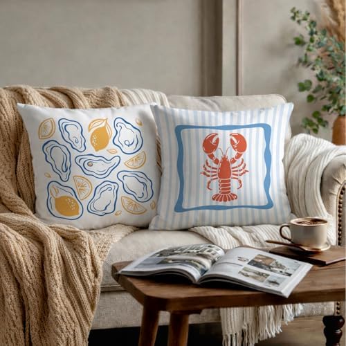 Summer Seashell Lemon Lobster Pillow Covers 18x18, Crawfish Boil Party - Image 3