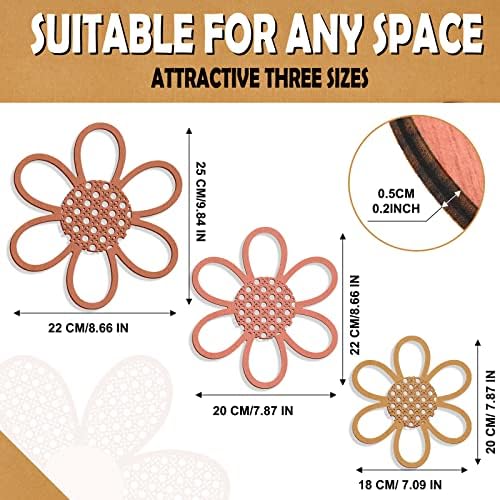 Maitys Boho Wall Decor Set of 3, Wood & Rattan Daisy Flower Wall Hanging Art - Image 2