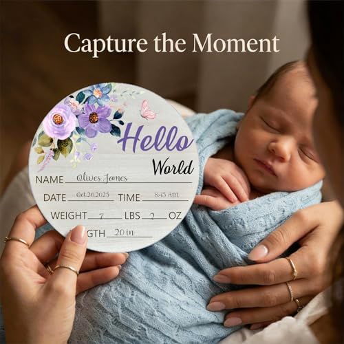 Purple Rose Baby Announcement Sign, Wooden Nursery Name Plaque 6in - Image 5