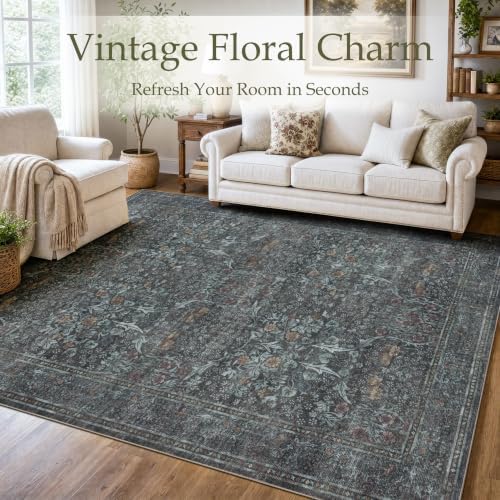 JOLLYVOGUE 3x5 Washable Rug, Vintage Floral Area Rug, Forest Green - Image 2