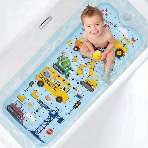 UNEEDE Baby Bathtub Mat Non Slip, 40x16'' Excavator Design Bath Mat by UNEEDE