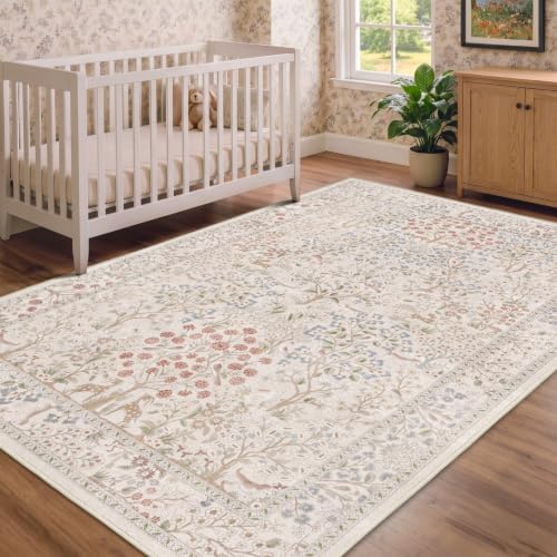 Cream Girls Room Rug 5x7, Low Pile Thin Baby Girl Nursery Rug, Floral Animals - Image 3