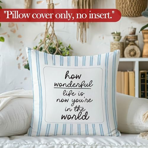 Blue Striped Nursery Throw Pillow Cover, Kids Room Decor, How Wonderful Life is - Image 2