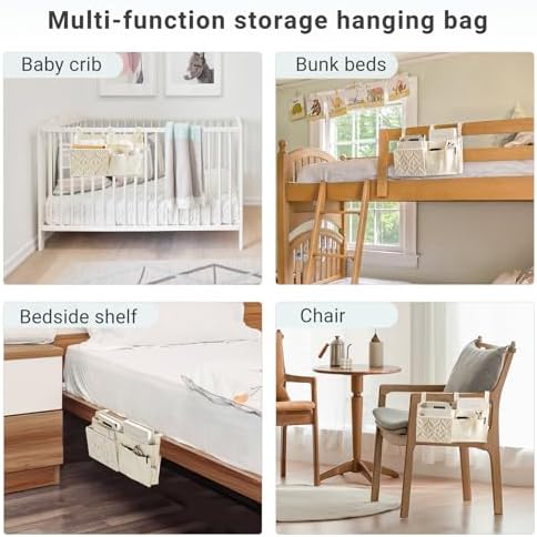 Mkono Bedside Caddy, Macrame Bunk Bed Hanging Organizer, 7 Pockets Ivory - Image 4
