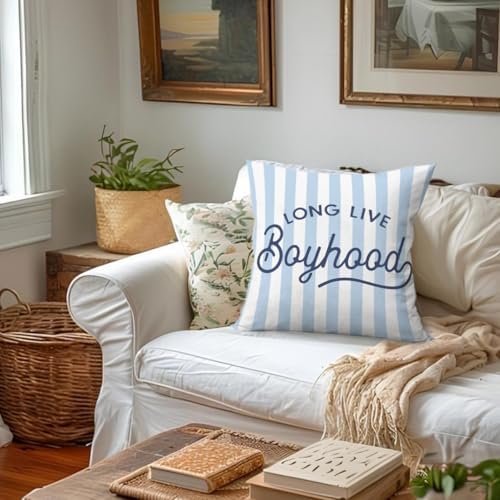Boys Room Decor Pillow Covers 18x18, Long Live Boyhood Blue Striped Decorative - Image 4