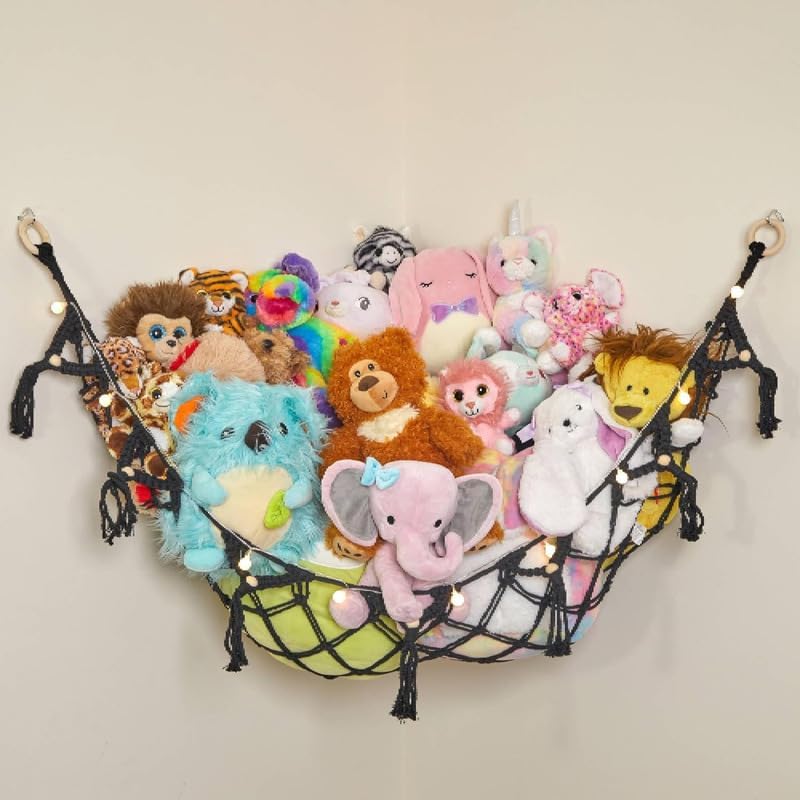 Large Macrame Stuffed Animal Storage Hammock w/Lights 2 Pack | Holds 12 lbs | by LillysLove