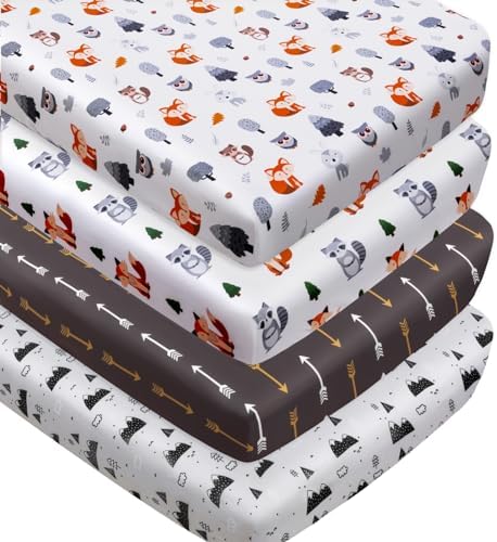 4 Pack Woodland Forest Animals Wood Neutral Unisex Fitted Baby Crib Sheets Set by Jola%27s+House