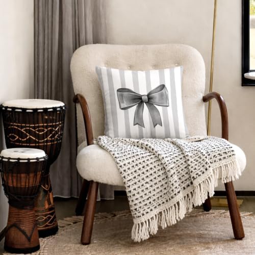 Charcoal Bow Decorative Throw Pillow 18x18 Inch – Cute Blush Pink Striped - Image 4