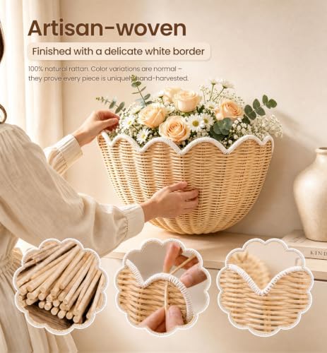 Scalloped Wall Basket 2 Pcs Hand Woven Wicker Hanging Basket Rattan Wall Decor - Image 4