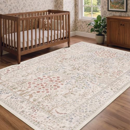 Cream Woodland Rugs for Living Room 6x9, Tree of Life Floral Animal Print - Image 4