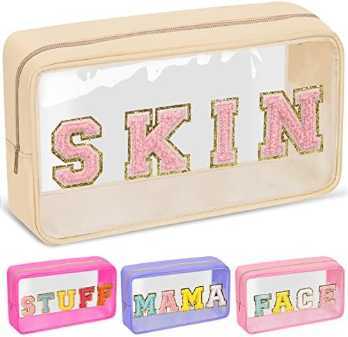 Chenille Letter Clear Makeup Bags Skin Pouch, Preppy Patch Makeup Bag by izuzta