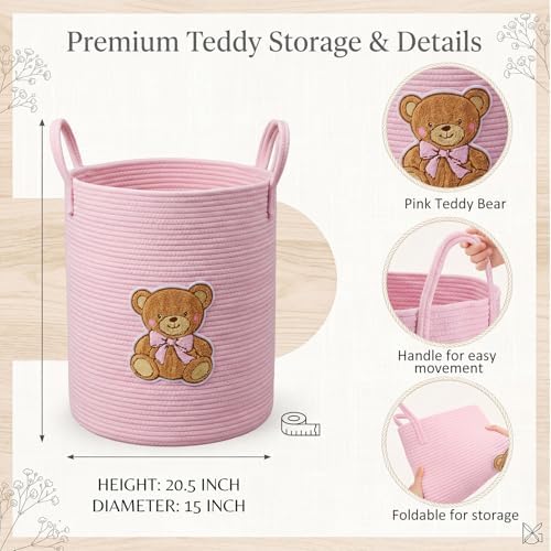 LemonRoad Pink Bear Laundry Hamper Large Cotton Rope Storage Basket - Image 3