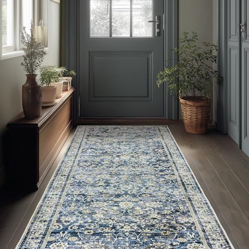 Dark Blue 2x6 Runner Rug for Hallway Low Pile Retro Rugs Non Slip Washable by BILEEHOME